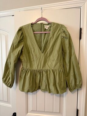 V-Neck Olive Green Peplum Blouse with Puff Sleeves